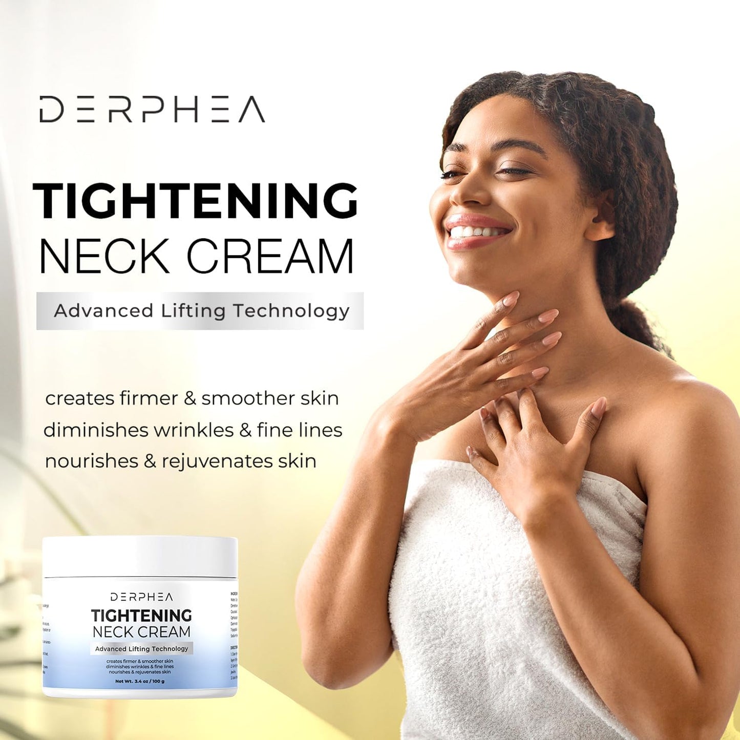 DERPHEA Neck Tightening Cream: Tighten and Lift Neck Cream For Tightening and Firming, Fine lines, Loose & Sagging On Face, Decollete & Other Skin Areas - 3.4 Fl Oz