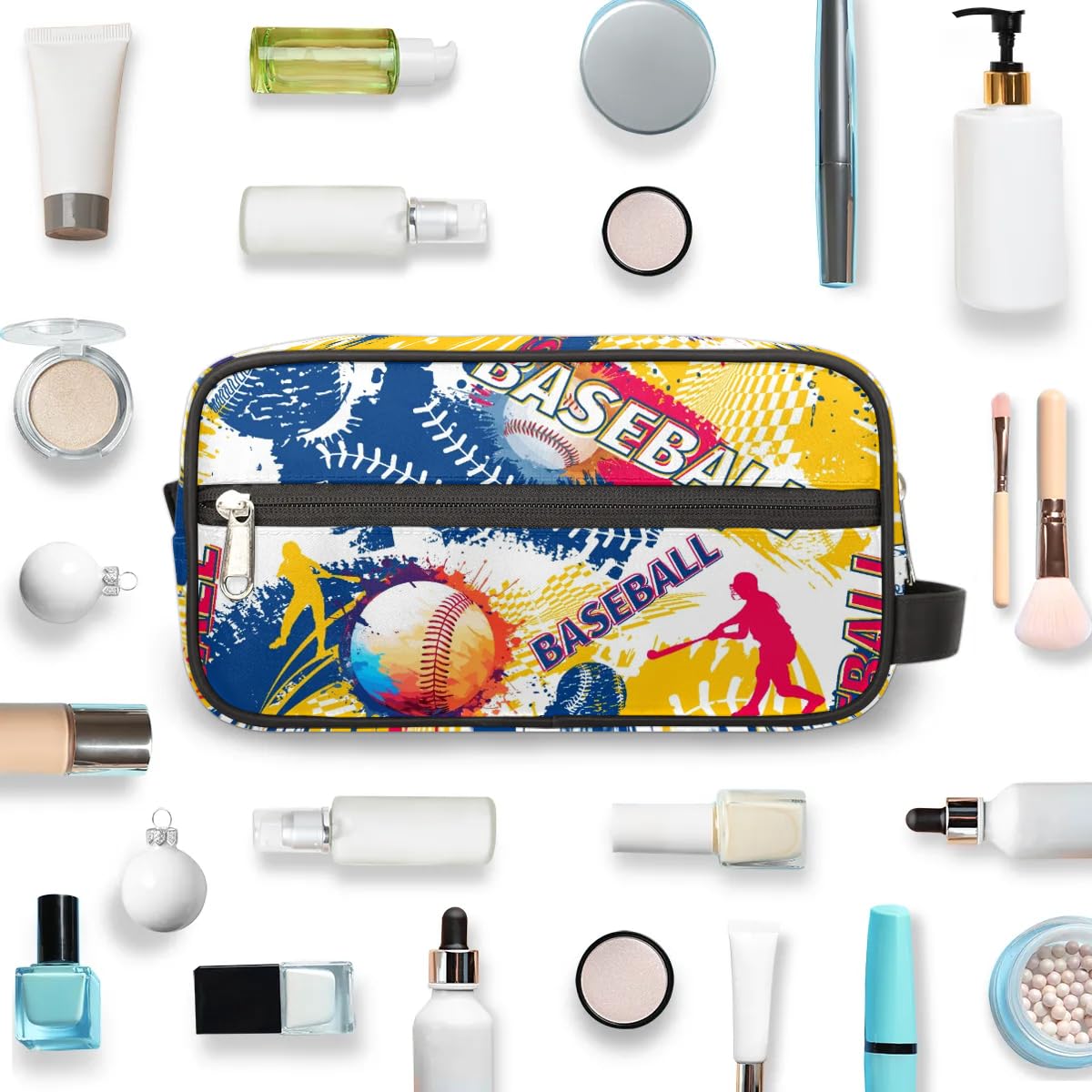 FZDXZJJ Travel Toiletry Bag for Women & Men,Waterproof Lightweight Makeup Cosmetic Bag Organizer with Handle & Zip Pockets Shaving Toiletries Bag for Gym,Beach - Baseball