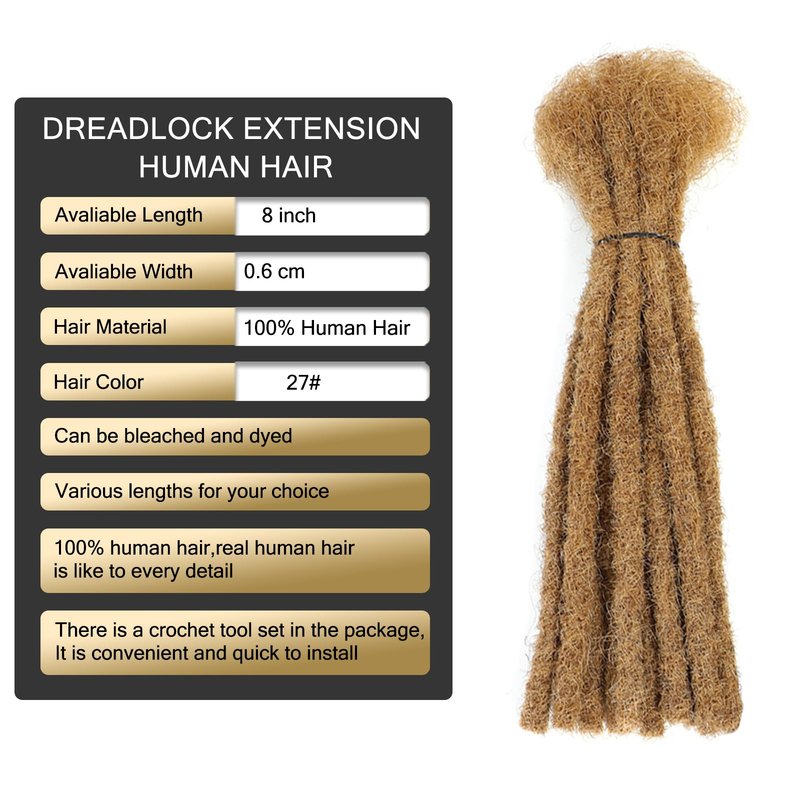 Loc Extensions Human Hair 0.8 cm Dreadlock Extensions Human Hair Dread Extensions Dread Lock Hair Extensions For Men Women 8 Inch 30 Strands 100% Real Human Hair Locs Handmade Permanent Locs