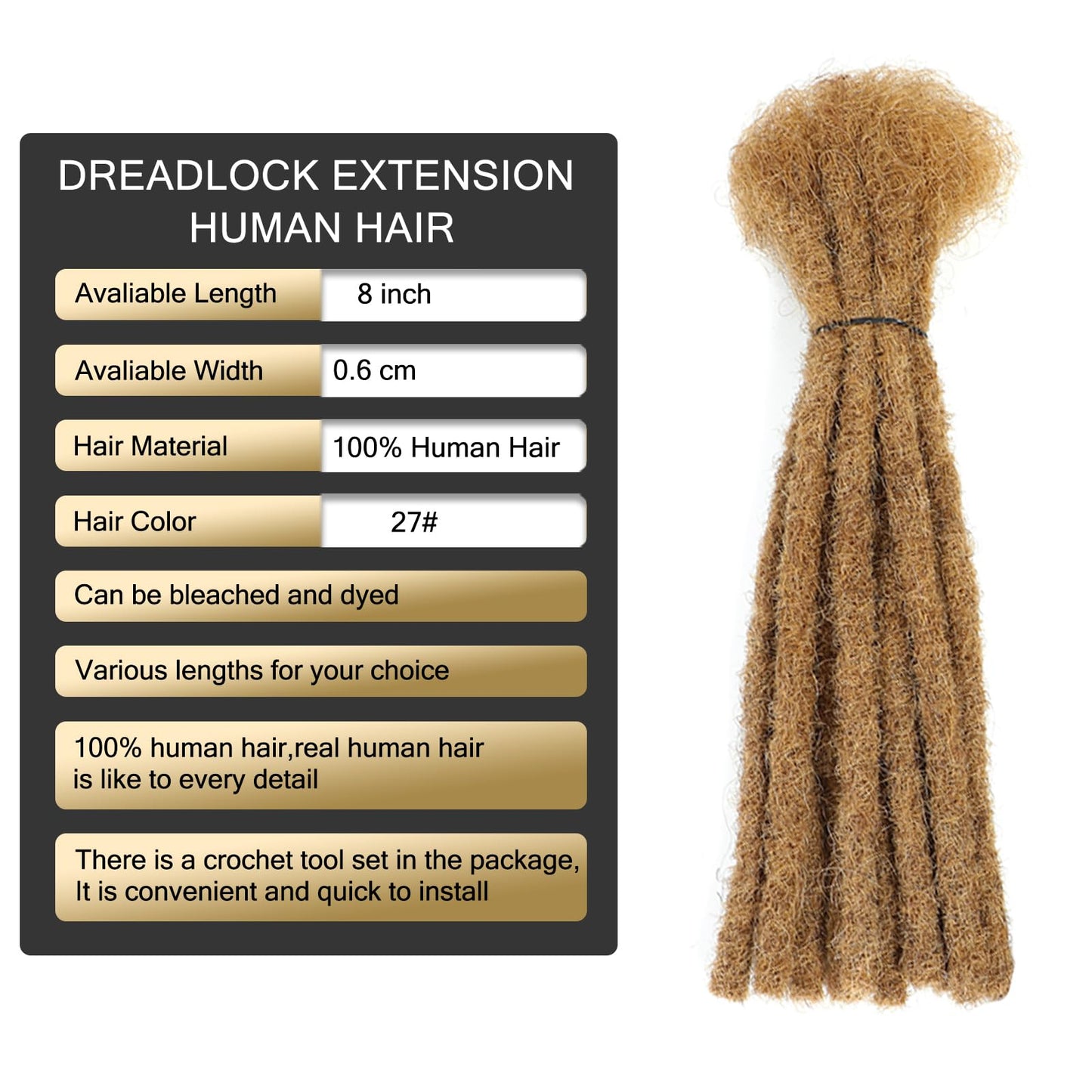 Loc Extensions Human Hair 0.8 cm Dreadlock Extensions Human Hair Dread Extensions Dread Lock Hair Extensions For Men Women 8 Inch 30 Strands 100% Real Human Hair Locs Handmade Permanent Locs