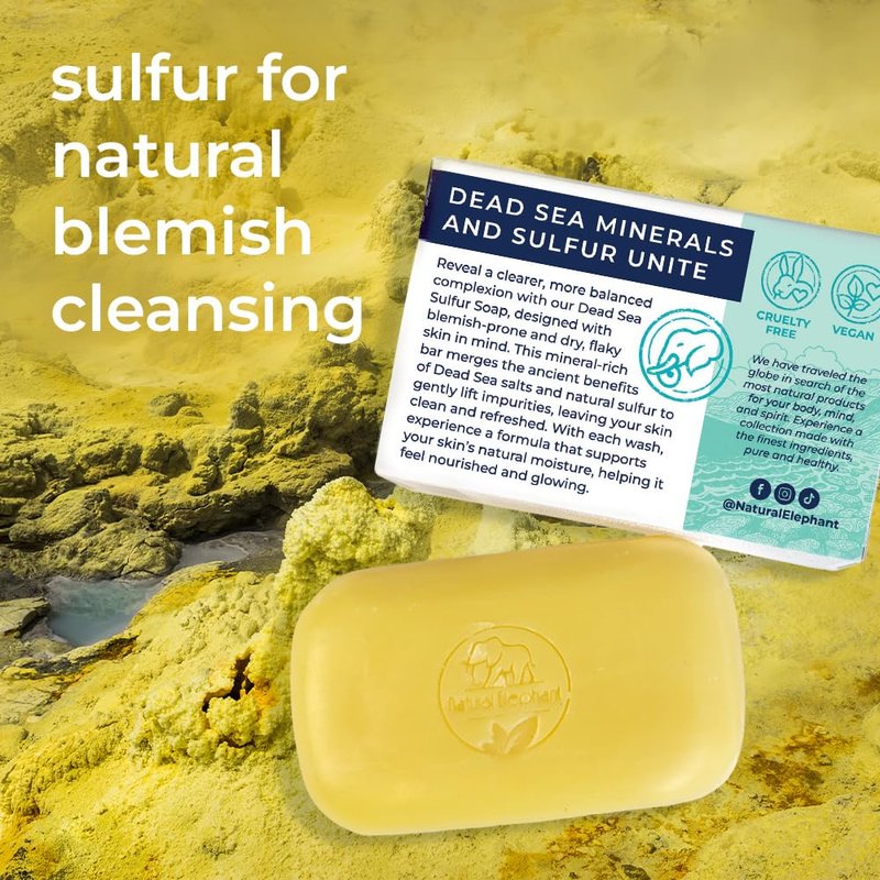Natural Elephant Dead Sea Sulfur Soap 4.4 oz with Dead Sea Salt, Aloe Vera, Sulphur Face and Body Bar for All Skin Types (5 Pack (22 oz Total))