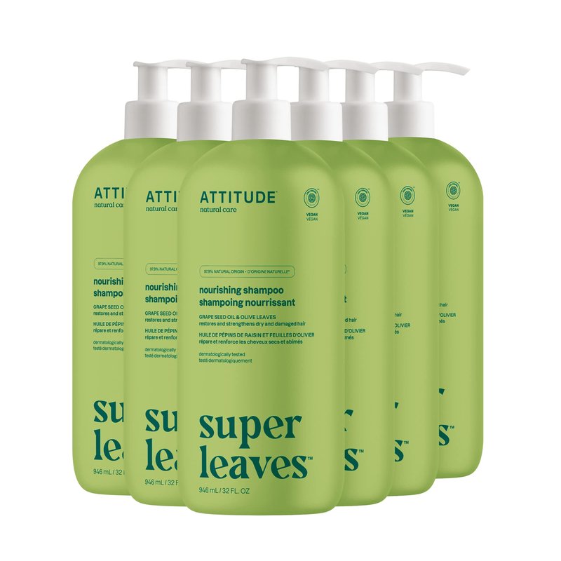 ATTITUDE Nourishing Hair Shampoo, EWG Verified, For Dry and Damaged Hair, Naturally Derived Ingredients, Vegan and Plant Based, Grapeseed Oil and Olive Leaves, 32 Fl Oz (Pack of 6)