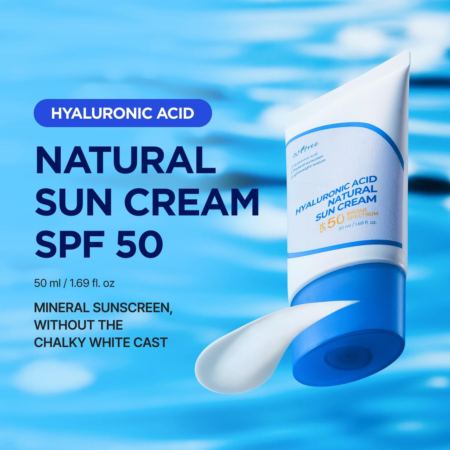 ISNTREE Hyaluronic Acid Natural Suncream SPF 50, Mineral Sunscreen, Gentle Tone-Up Effect, Hydrating Daily Sun Cream, Sensitive Skin Friendly, Korean Skincare, 50ml