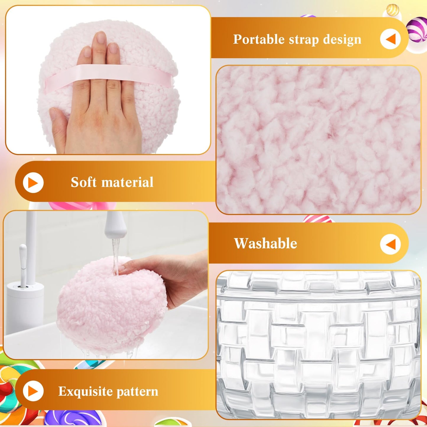 Tioncy 2 Pcs Extra Large Dusting Powder Puff and Container for Women-6'' Glass Crystal Dusting Powder Container with Body Soft Washable Reusable Velour Face(Clear,Weave Design)