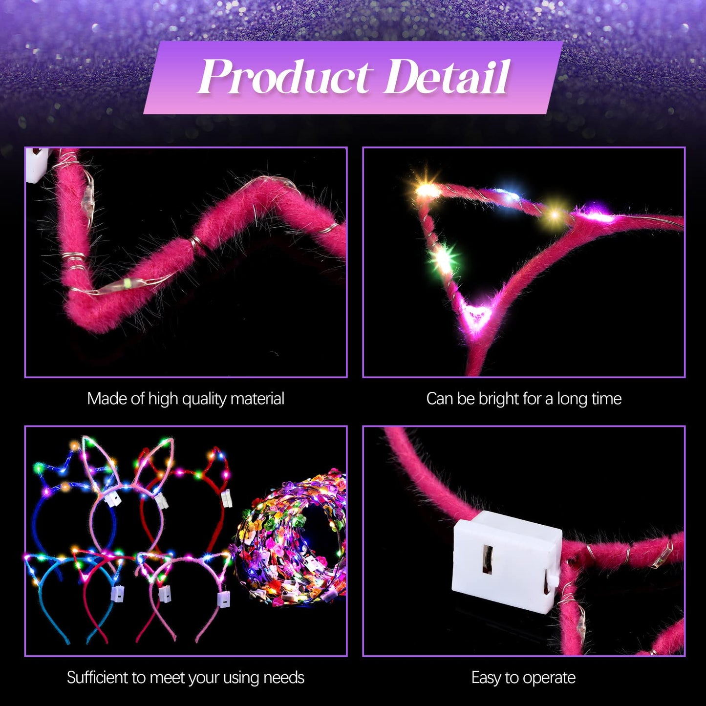 Xinnun 50 Pcs LED Cat Ear Headbands Bulk Light Up Flower Glow Crown Rabbit Ear Neon Hair Accessories for Glow in the Dark Rave Party (Cat)