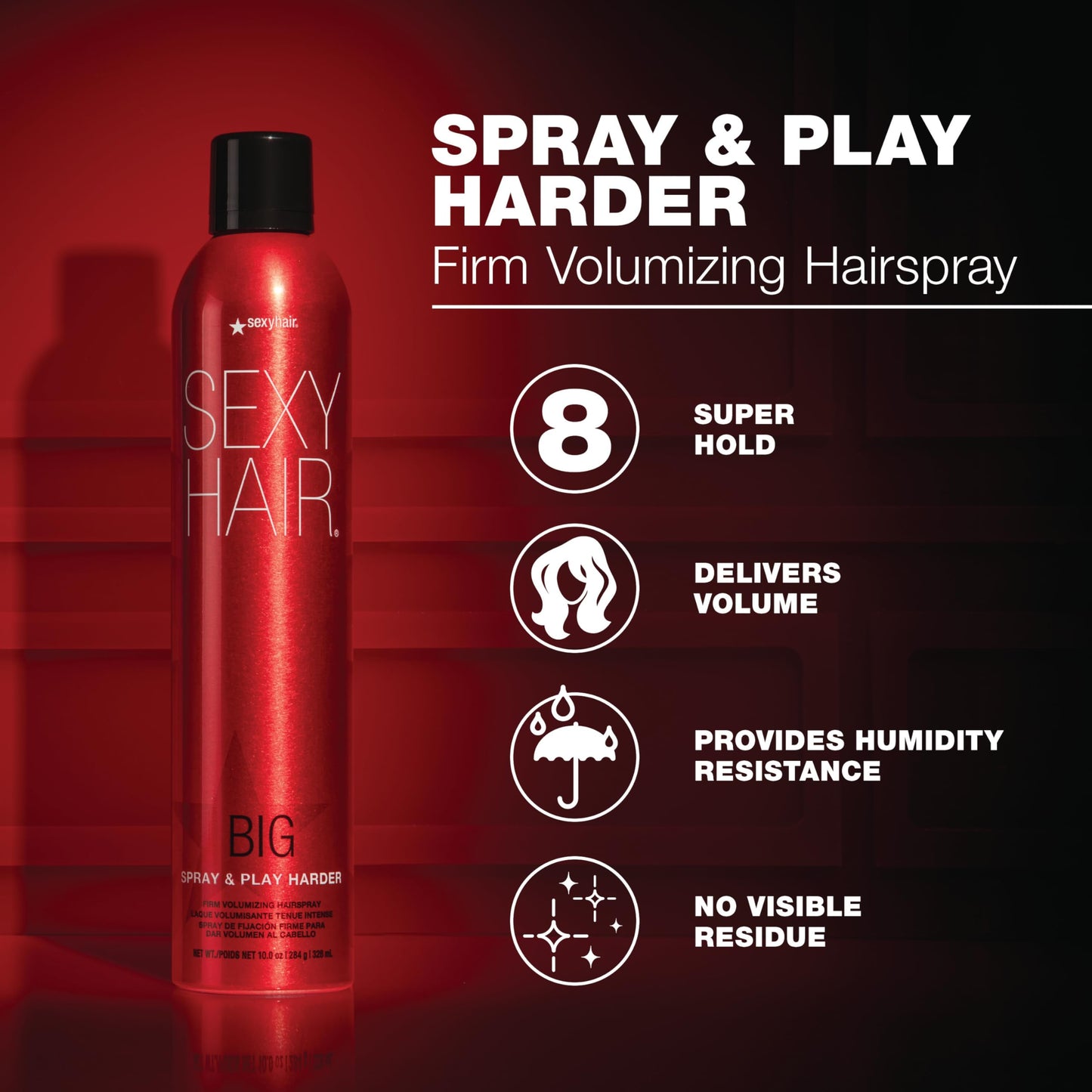 SexyHair Big Spray & Play Harder Firm Volumizing Hairspray, 10 Oz | All Day Hold and Shine | Up to 72 Hour Humidity Resistance
