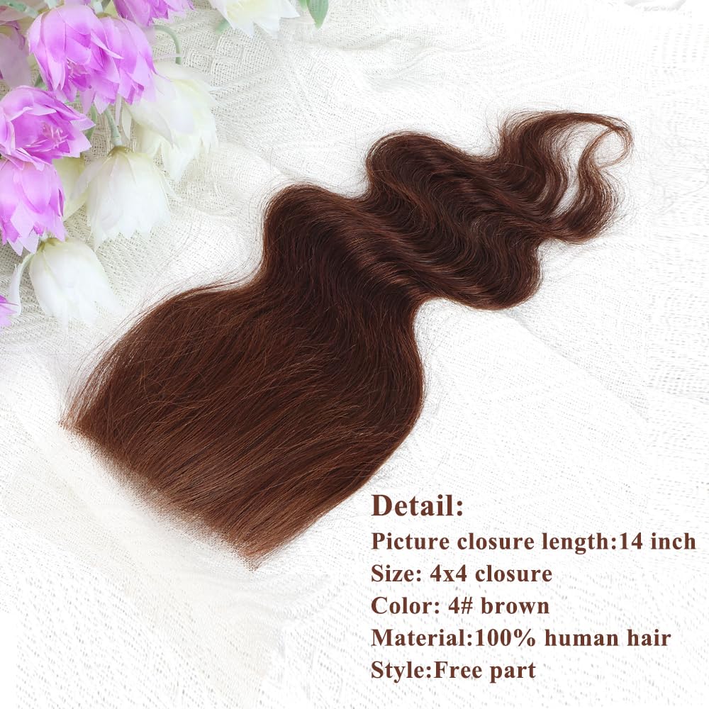 Brown color Body Wave Closure 4x4 Free Part Closure Brazilian Human Hair Closure Virgin Human Hair HD Lace closure Chocolate Brown (14 Inch)