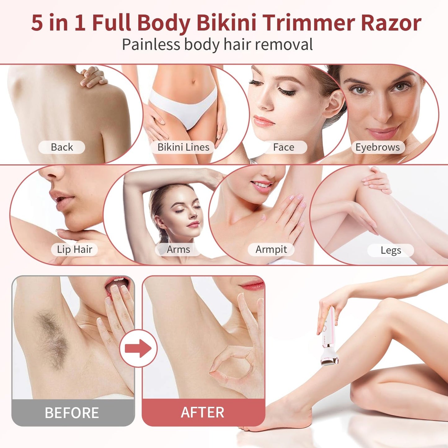 Electric Shaver Razors for Women - 5 in 1 Bikini Trimmer for Women Body Hair Trimmer Facial Hair Removal Cordless Rechargeable Body Shaver for Face Chin Arms Underarm Legs Arms Eyebrow (Pink)