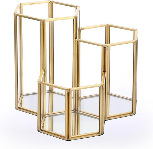 Hipiwe Glass Makeup Brush Holder - 3 Slot Mirrored Gold Organizer | Vintage Decorative Storage Box for Brushes & Pens