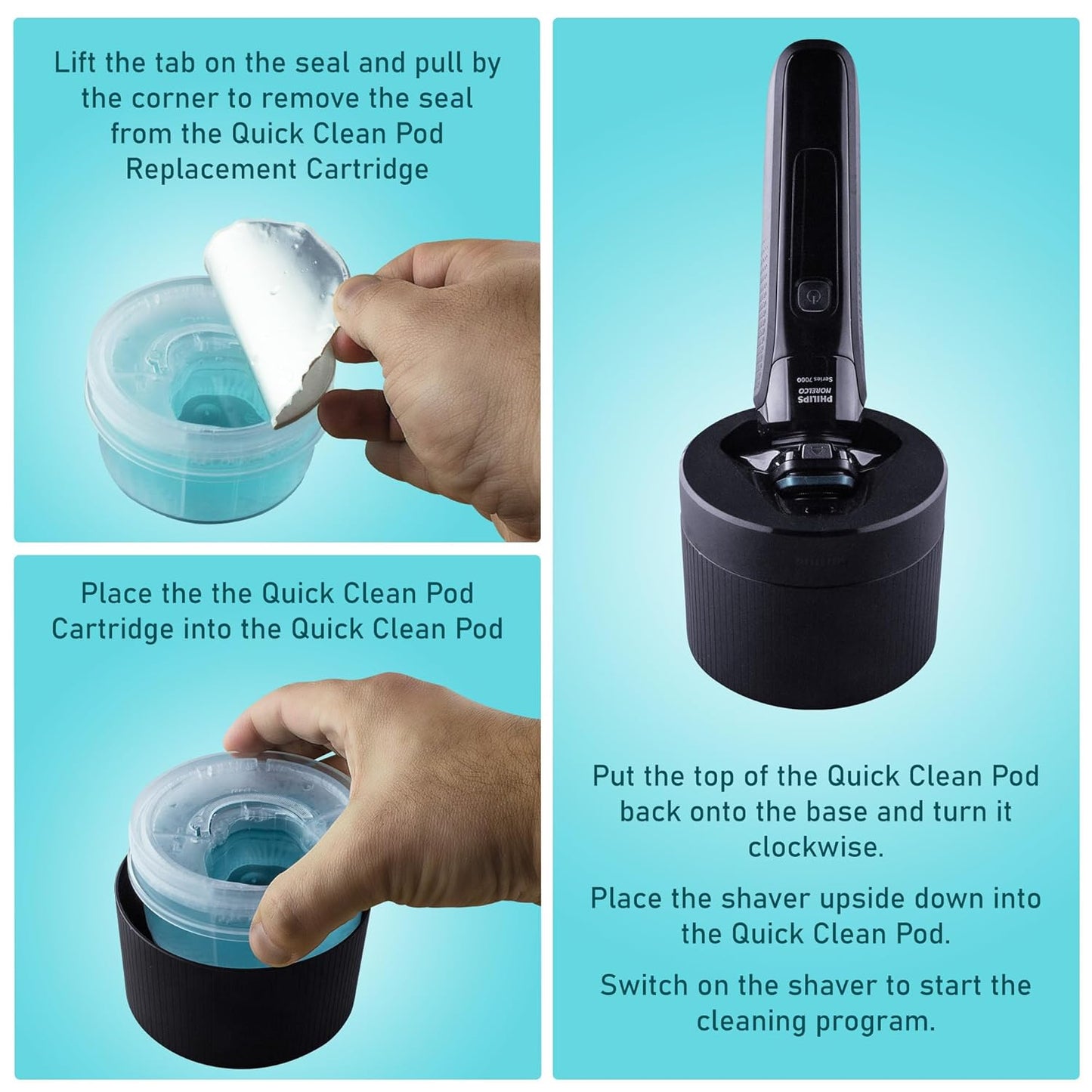 Clark Shaving Co. Quick Clean Pod Replacement Cartridges - Compatible with Philips Norelco (4-Pack)