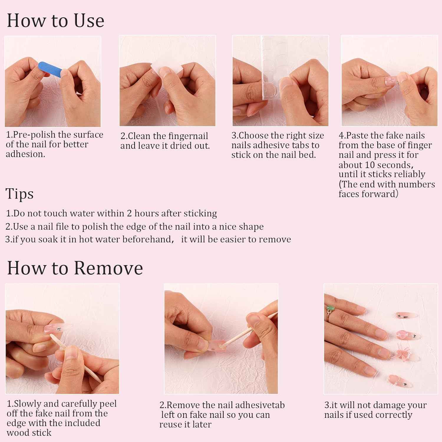Luxury Pink Acrylic Nail Tips with Crystals - Reusable Long Square Press-On Nails (10 Pcs, Size M)
