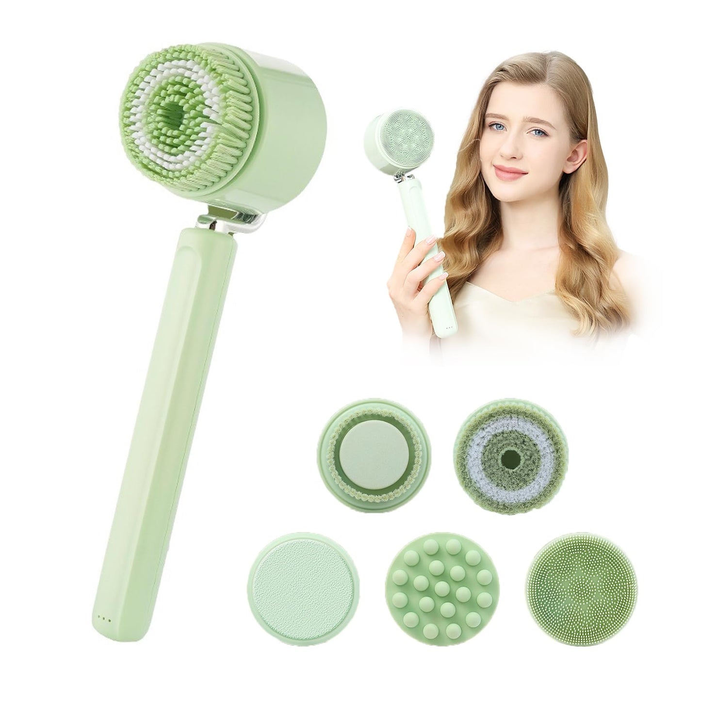 5-in-1 Electric Cleansing Brush, Rechargeable Body Brush with Long Handle, IPX7 Waterproof Back Scrubber with 3 Intensities Adjustable for Cleansing, Exfoliation, Foot Scrubbing and Massage (Green)