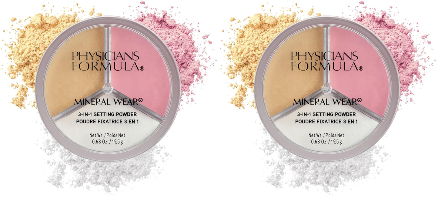 Physicians Formula Mineral Powder Wear 3-in-1 Setting Powder Face Makeup, Reduce Shine, Brighten, And Bake (Pack of 2)