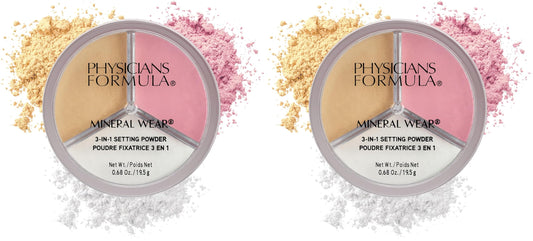 Physicians Formula Mineral Powder Wear 3-in-1 Setting Powder Face Makeup, Reduce Shine, Brighten, And Bake (Pack of 2)