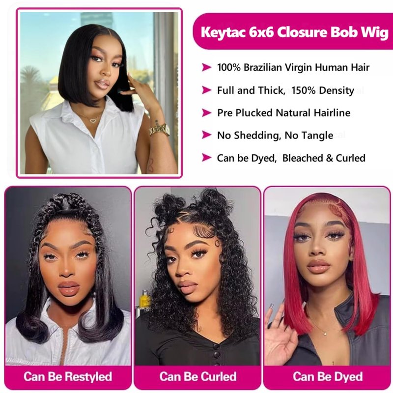 Keytac Bob Wig Human Hair Lace Front Glueless Wigs for Black Women Pre Plucked 150% Density 100% Brazilian Virgin Human Hair (6x6 Lace Closure Bob Wigs, 12 Inch)