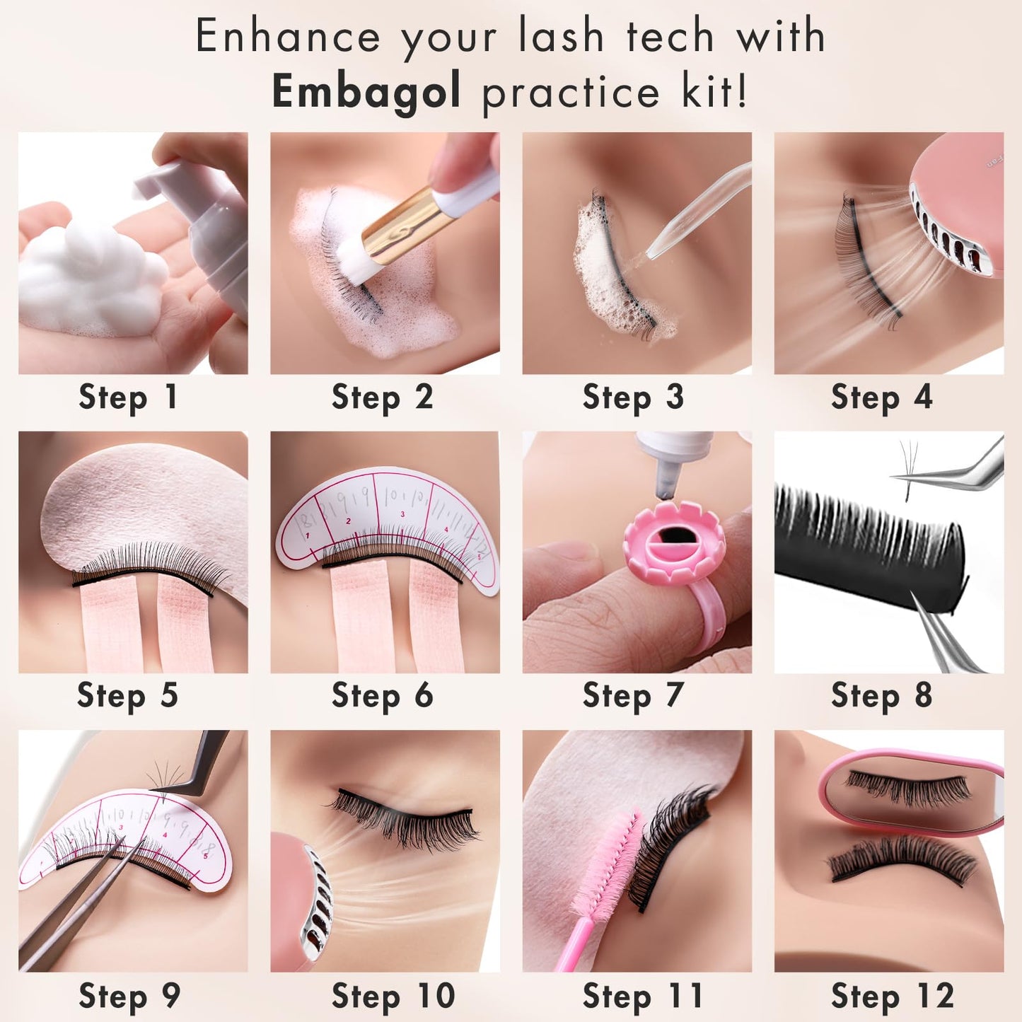 Embagol Lash Extension Practice Kit, Eyelash Extension Training Kit for Beginners, Professional Eyelash Mannequin Head Set with Lash Fan, Lash Shampoo, Lash Adhesive, Glue Rings and Lash Mirror