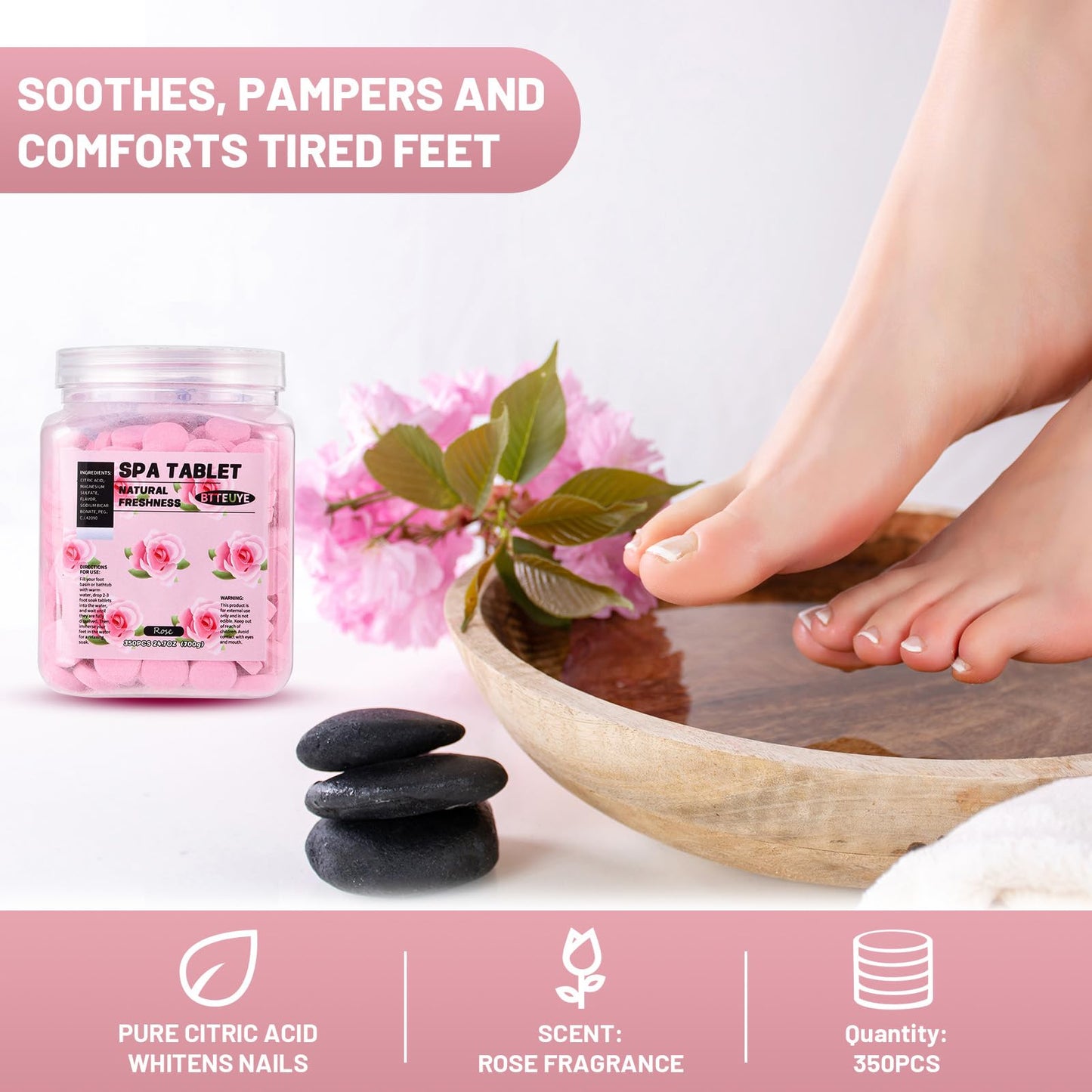 BTTEUYE Spa Foot Bath Pedicure Tablets ,Pedicure Foot Spa Supplies,Natural & Refreshing, Relieve Fatigue, Quickly Dissolve & Remove Dead Skin, Rose Fragrance, 350-Count