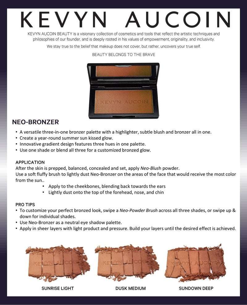 Kevyn Aucoin The Neo-Bronzer, Sundown Deep: 3 in 1 makeup palette. Highlighter, blush & bronzer in one smooth gradient makeup compact. Shimmer & matte in light, medium & deep. Sun-kissed to bronzed.