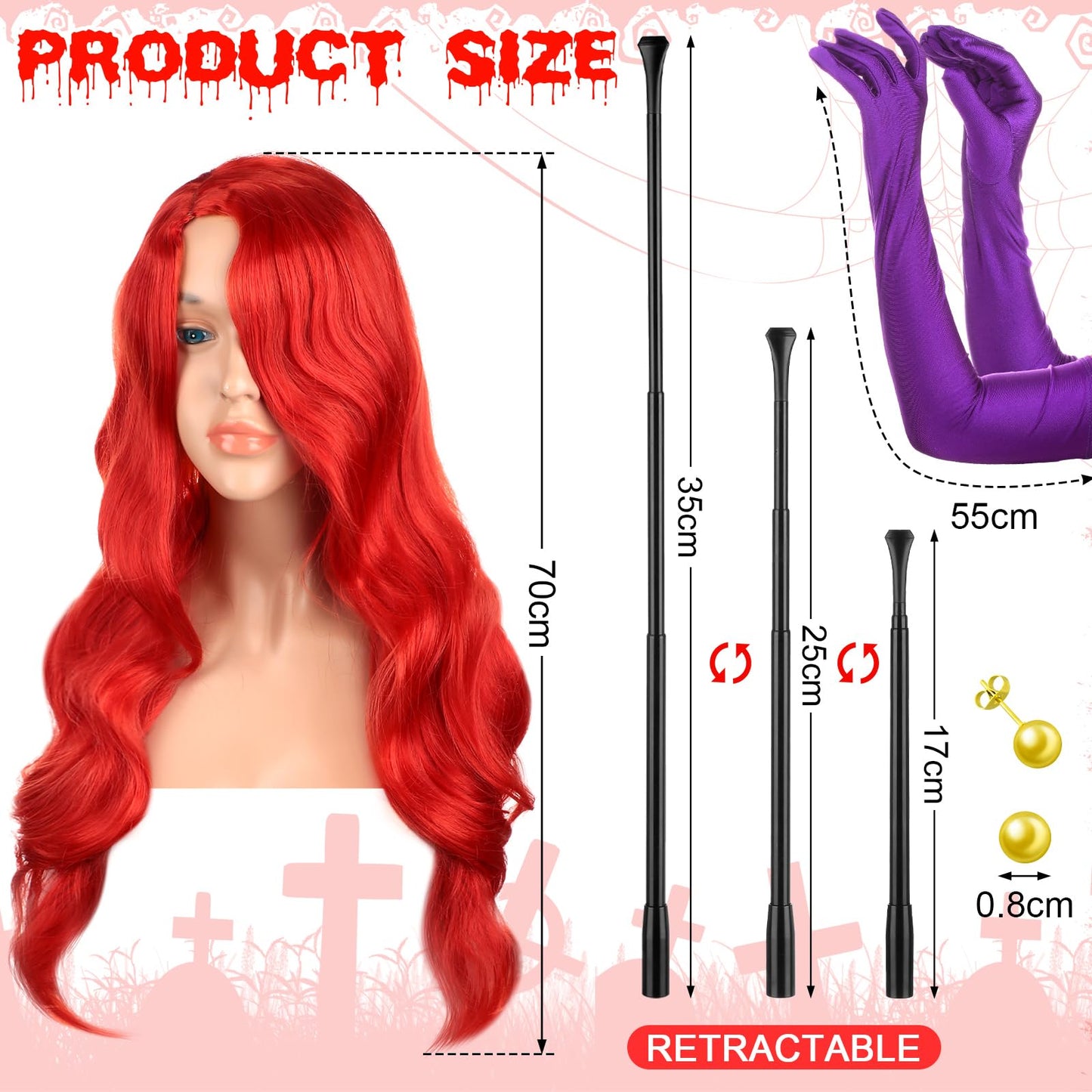 HooLing 10 Pcs Halloween Rabbit Couple Costume Accessory Set Include Red Wig Bunny Ears Headband Gloves Plastic Holder Satin Bowties Y Back Suspenders Buttons and Earrings for Adults Cosplay Party