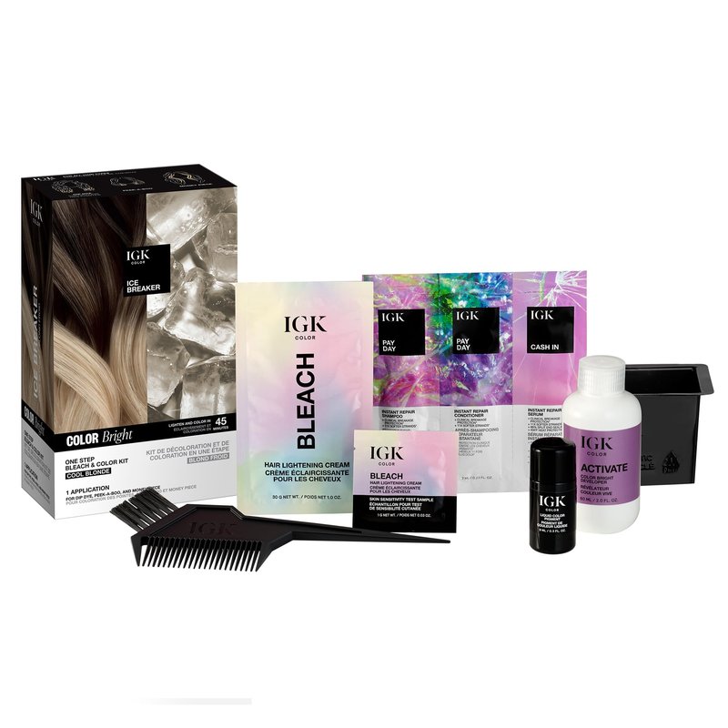 IGK Color Bright One Step Bleach & Color Kit for Accent Pieces ICE BREAKER- Cool Blonde | One-Step Color Processing + Replenishes + Hydrates | Vegan + Cruelty Free + Ammonia Free | 4 Oz