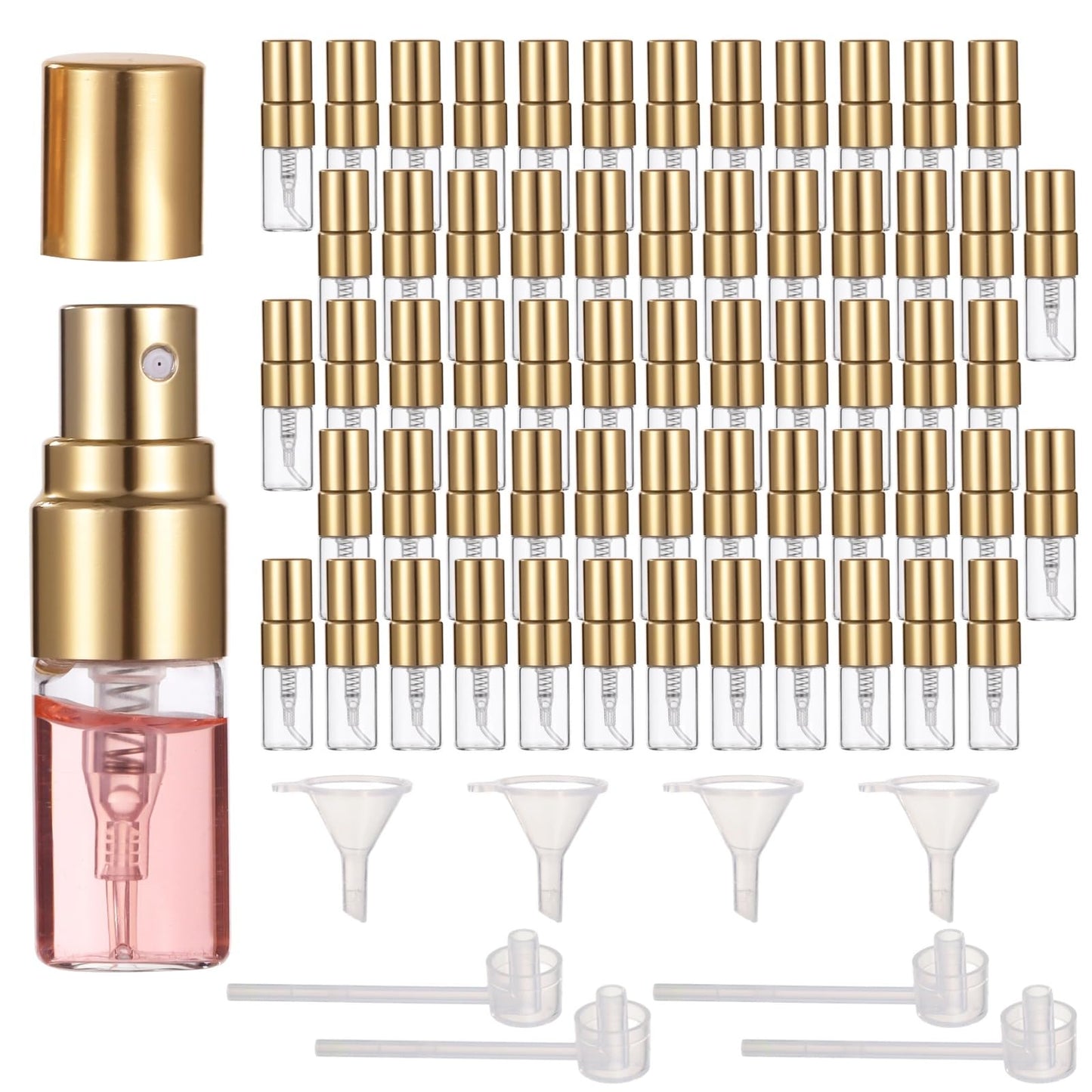 Lnrueg 100 Pcs Mini Spray Bottles, 0.07 oz/2 ml Refillable Glass Perfume Bottles, Portable Travel Sample Containers with Caps, Fine Mist Atomizers with 4 Funnels and 4 Dispensers, Gold
