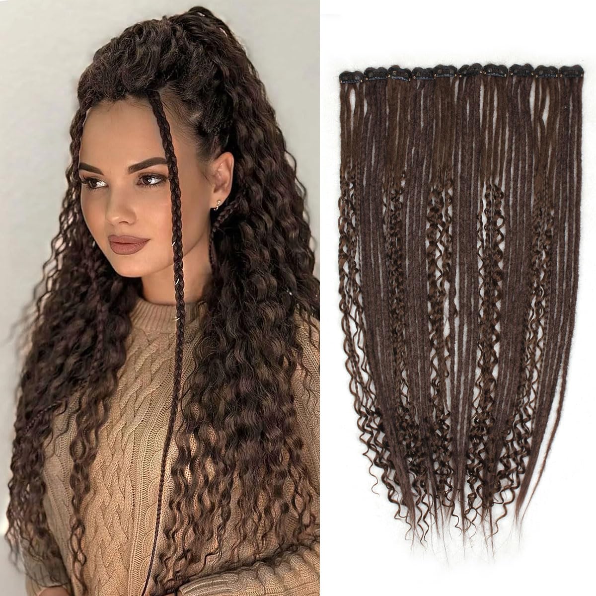 Pouweney 24inch 10PCS Clip in Dreadlock Extensions Full Sets,40 Strands chacobrown Synthetic Clip-in Dreads Extensions for Women,100% Handmade Soft Thin 0.6cm Width Dreadlocks.