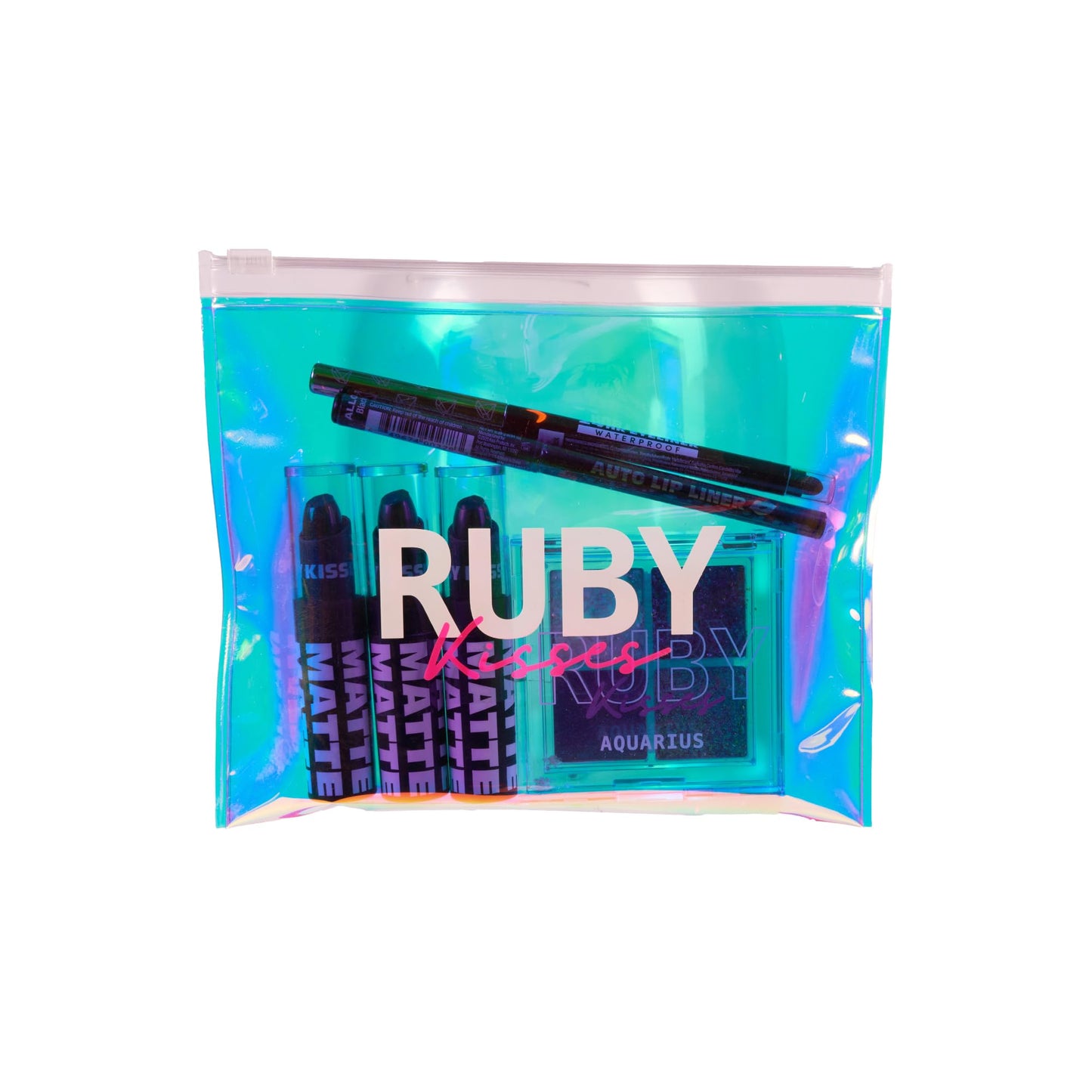 Ruby Kisses Limited Edition Bold Makeup Kit – 3 Mattest Matte Lipsticks, Glitter Gem Palette, Waterproof Eyeliner, Auto Lip Liner & Holographic Pouch
