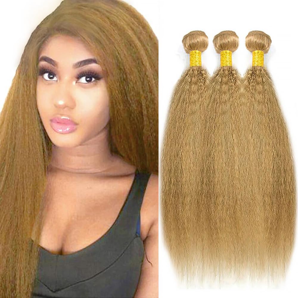 Honey Blonde Human Hair Bundles 14 16 18 Inch Yaki Straight Wave Bundles Human Hair Unprocessed Native Virgin Hair 100/PC 3 Extensions #27 Blonde Color Wet and Wavy Human Hair Extensions for Women