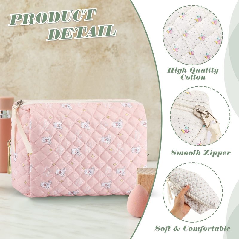 Sweetude 6 Pcs Quilted Makeup Bag Cotton Cosmetic Bag Cute Flower Aesthetic Large Floral Makeup Pouch Coquette Travel Toiletry Kawaii Stuff supplies for Women Girls