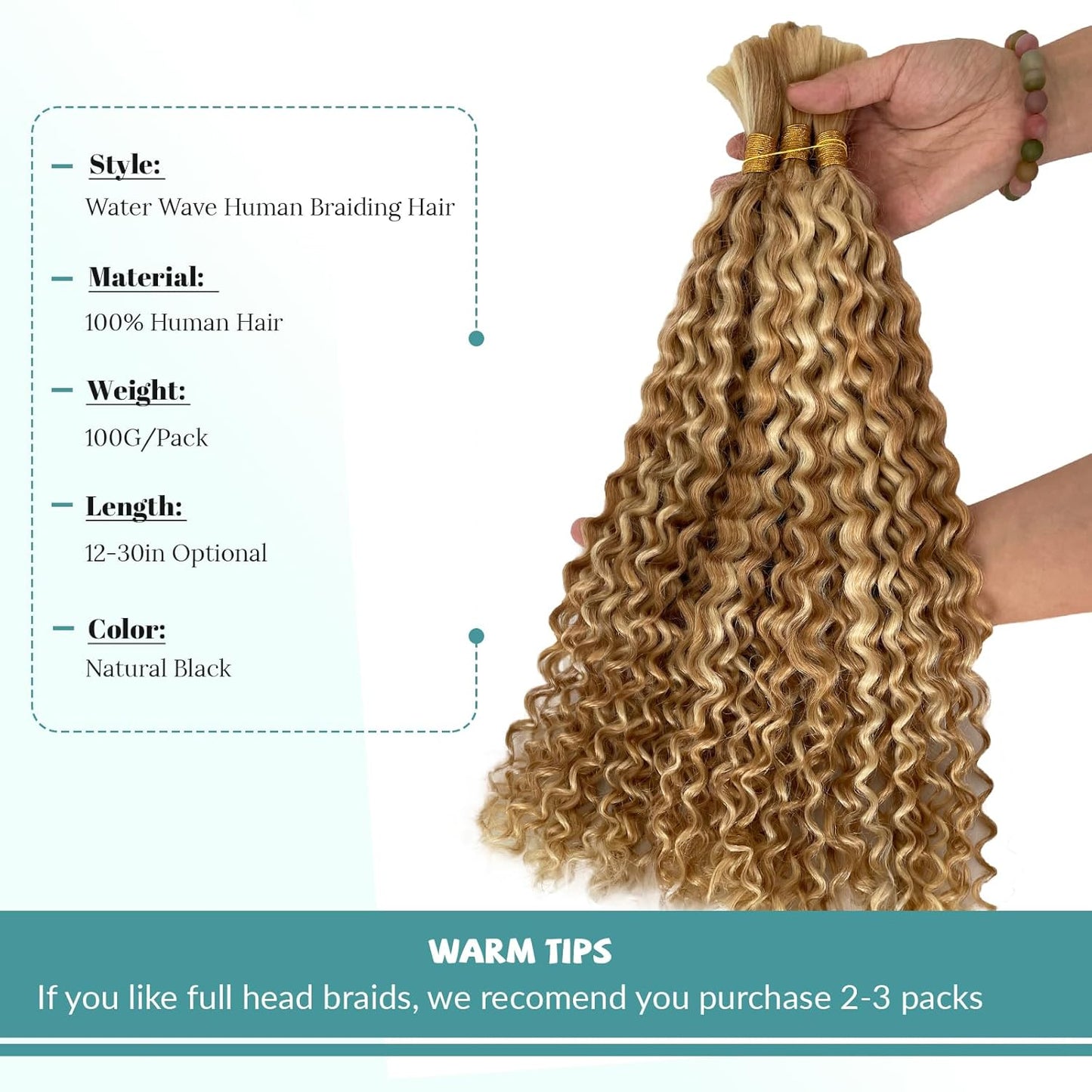 Honey Blonde Water Wave Braiding Hair - Ombre Bulk Human Hair Extensions | 2 Bundles, 100g, 16”