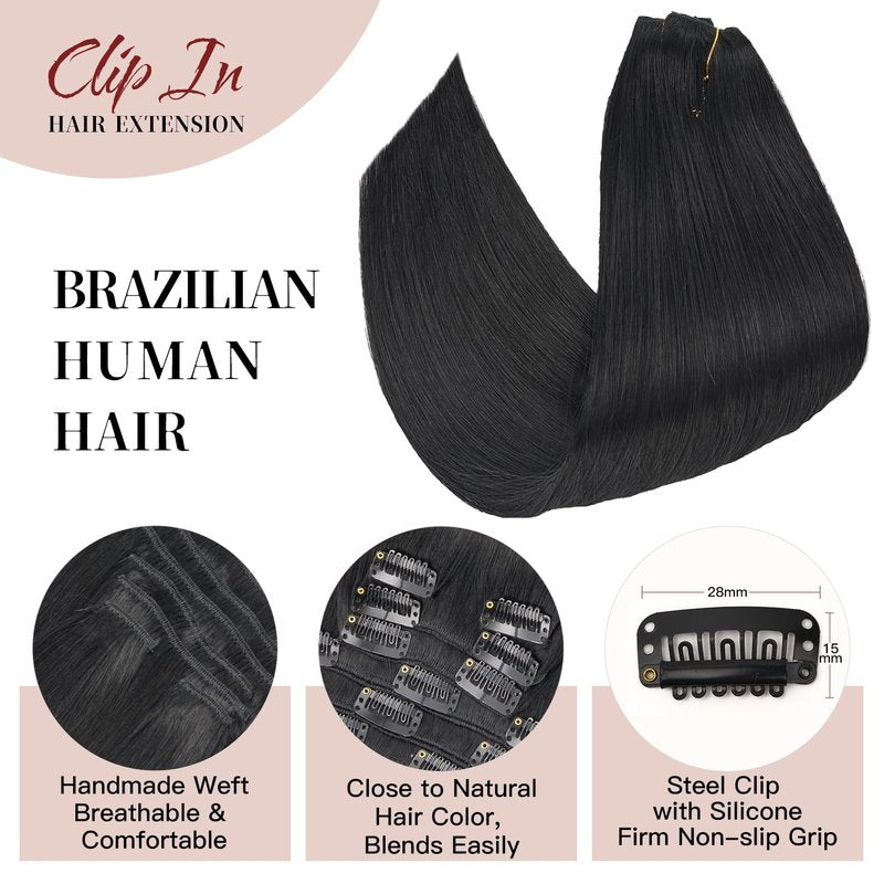 LOVELINE Clip in Hair Extensions Real Human Hair, 100% Remy Human Hair Extensions Clip Ins for Women, 7Pcs 12Inch 85g, Natural Black