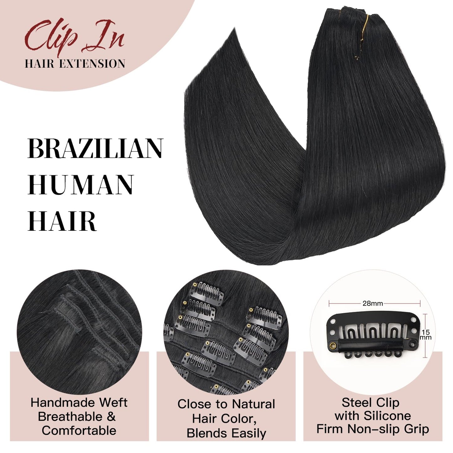LOVELINE Clip in Hair Extensions Real Human Hair, 100% Remy Human Hair Extensions Clip Ins for Women, 7Pcs 12Inch 85g, Natural Black