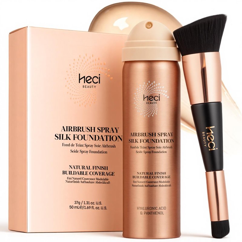 AirBrush Foundation with Nanoscale Powder - HECI BEAUTY Flawless Finish Makeup,Silk Airbrush Spray & Kabuki Brush - Anti-Aging Ingredients for Smooth Radiant Skin,210 Medium,110 Light, 1.69 fl oz