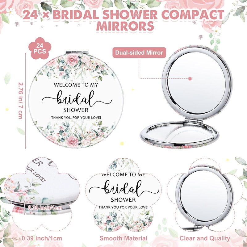 XunYee 24 Sets Bridal Shower Favors for Guests Flower Design Makeup Mirrors Leather Compact Mirrors Bridal Thank You Cards with Organza Bags Bridesmaid Gifts Wedding Party Favors Supplies (Pink)