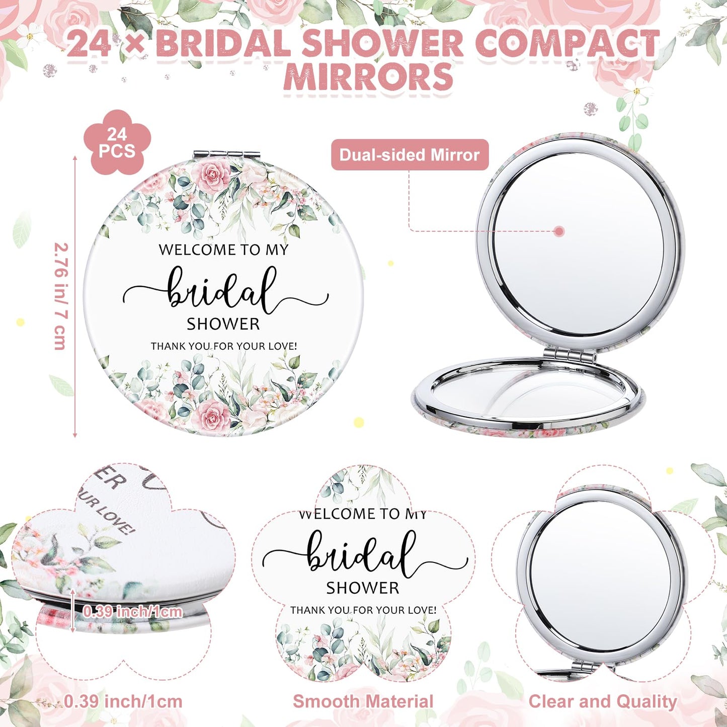 XunYee 24 Sets Bridal Shower Favors for Guests Flower Design Makeup Mirrors Leather Compact Mirrors Bridal Thank You Cards with Organza Bags Bridesmaid Gifts Wedding Party Favors Supplies (Pink)