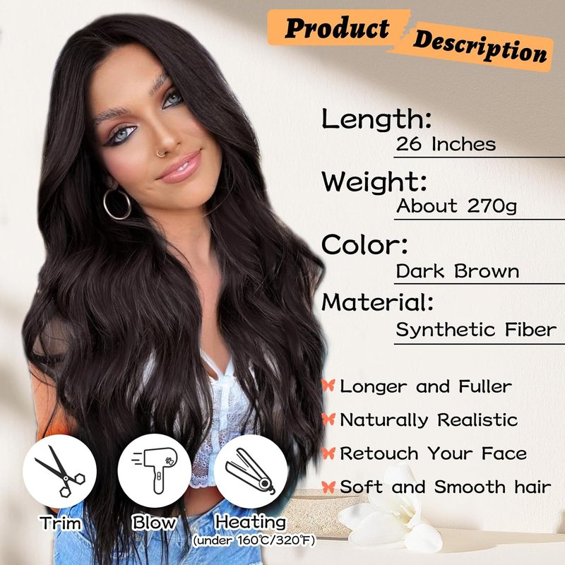 Long Wavy Wig for Women - Dark Brown Synthetic Heat Resistant Fiber | 26 Inch Daily Party Wear