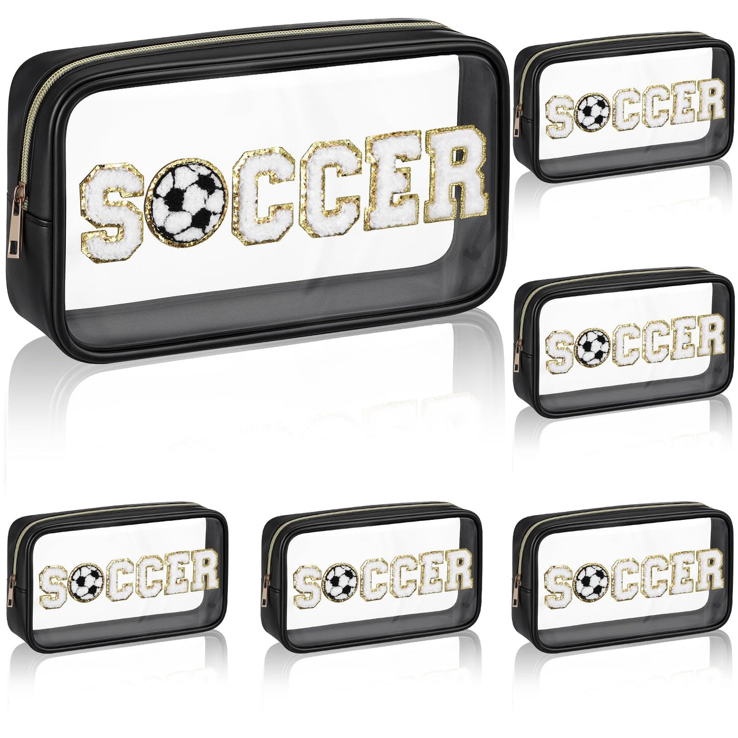 Reallnaive 6 Pcs Soccer Clear Cosmetic Makeup Bag with Chenille Letter Patch Sport Team Gift Goodie Snack PVC Pouch Organizer Waterproof Travel Toiletry Bags for Sports Theme Birthday Party Supplies