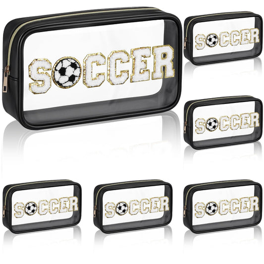 Reallnaive 6 Pcs Soccer Clear Cosmetic Makeup Bag with Chenille Letter Patch Sport Team Gift Goodie Snack PVC Pouch Organizer Waterproof Travel Toiletry Bags for Sports Theme Birthday Party Supplies