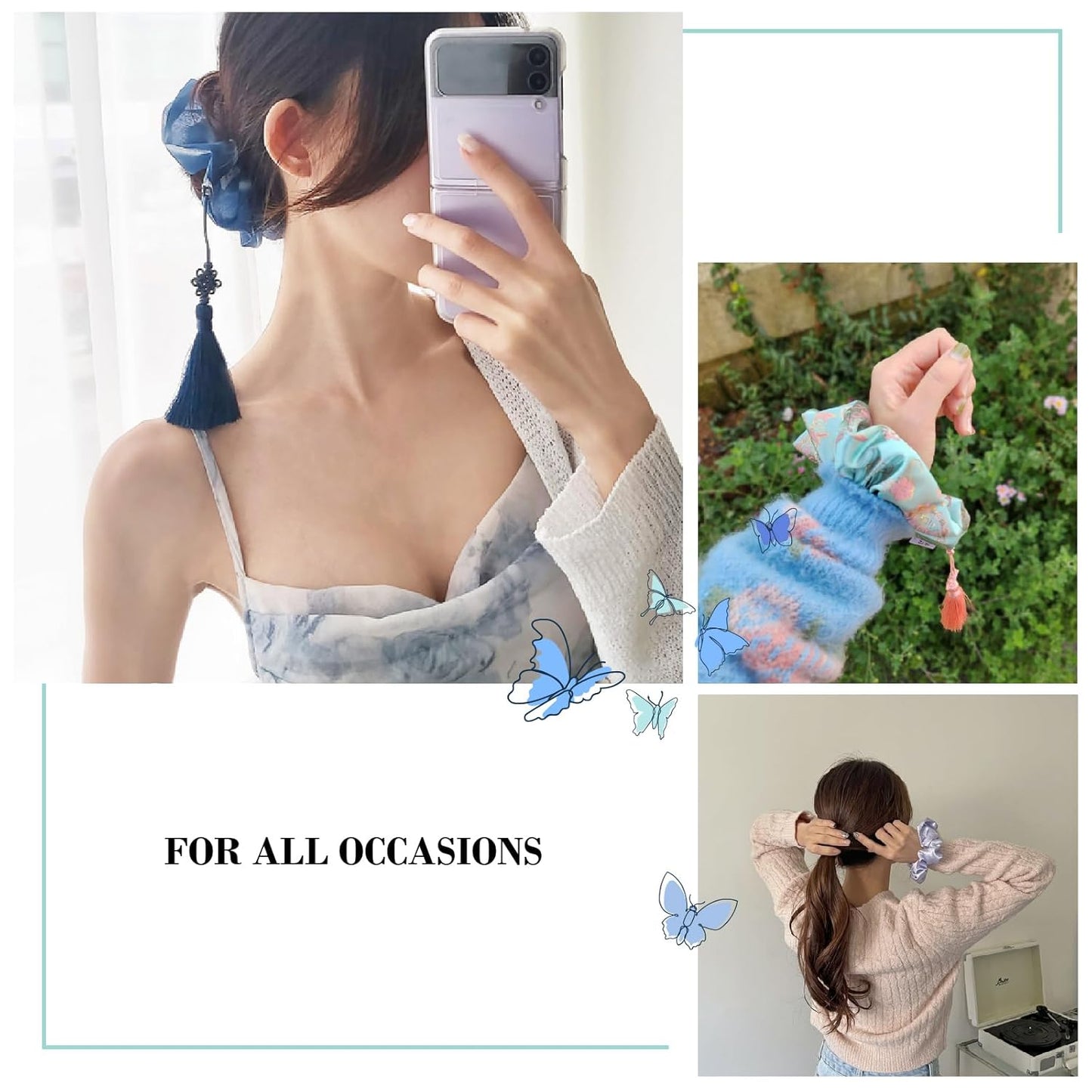 Handmade Korean Scrunchies for Women - Soft Beige Ball Tassel Hair Accessory | Sabang Shin Hanbok