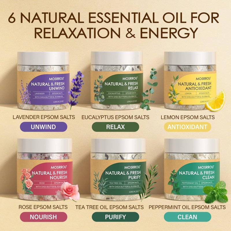 Epsom Bath Salts Gift Set - Relaxing Essential Oils for Women | 6PCS Lavender, Eucalyptus, Rose, Tea Tree, Peppermint