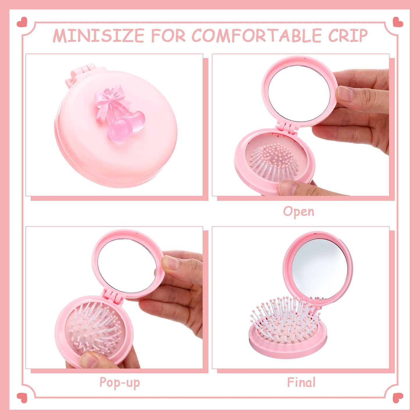 LemonRoad 24 Pack Foldable Travel Mirror Hair Brushes, Mini Mirror Comb, Round Portable Folding Pocket Hairbrush, Compact Small Size Massage Comb, Coquette Bow Party Favor for Women (Pink)