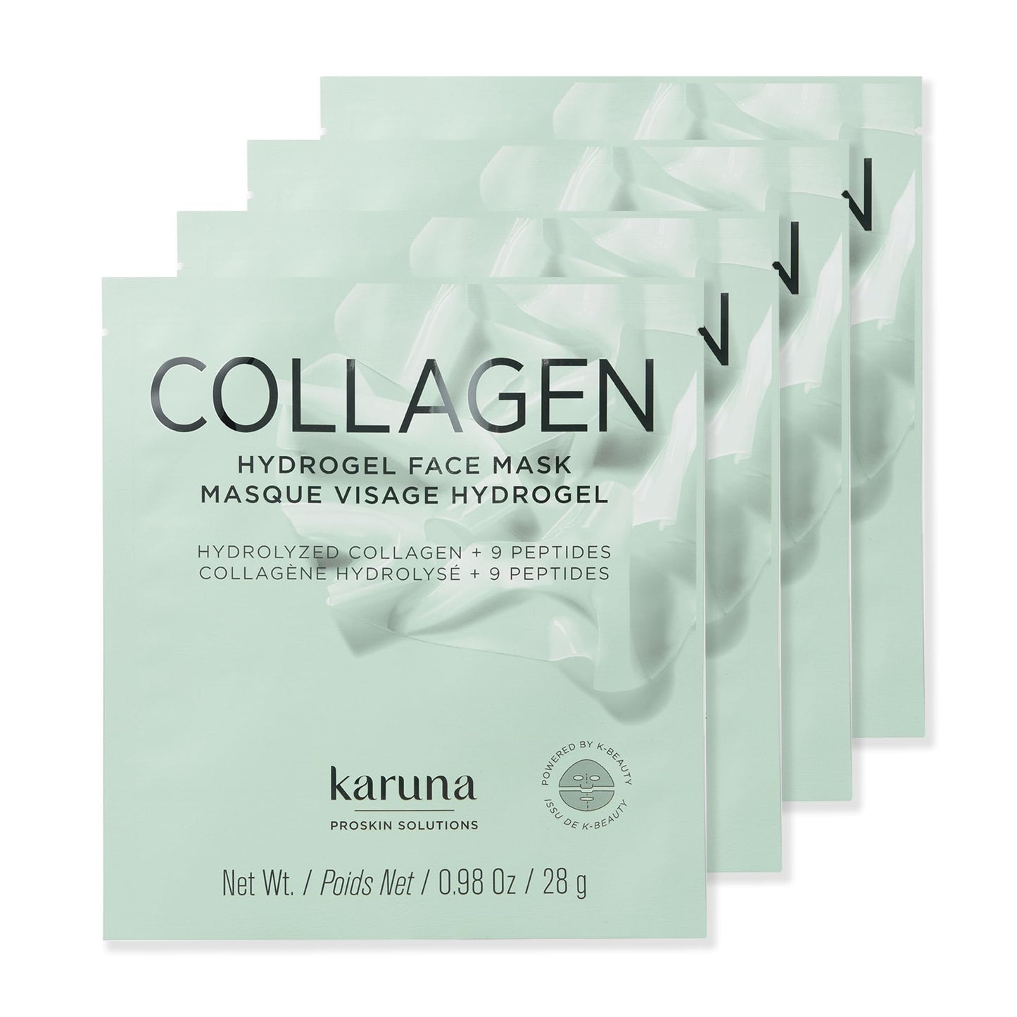 Karuna Collagen Hydrogel Face Mask 4-Pack - Anti-Aging K-Beauty Sheet Masks with Hydrolyzed Collagen, Hyaluronic Acid, 9 Peptides & Antioxidants - Hydrating 2-Piece Mask for Fine Lines, All Skin Types