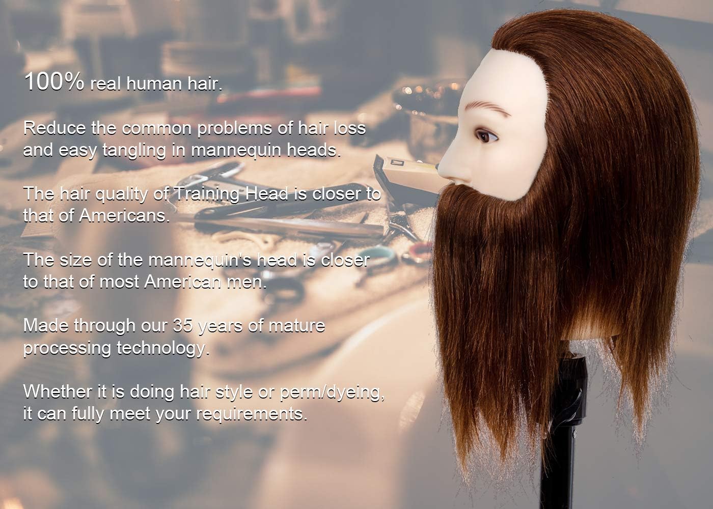Stancia Male Mannequin Head,Training Head with 100% Human Hair,14” Barber Mannequin Head, Hairdresser Manikin Head, Training Doll Head for Hair Styling and Practice(with Beard,Dark Brown)