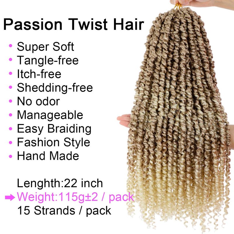 5Packs(115g/pack) Ombre Blonde Pretwisted Passion Twist Corchet Hair 22inch Pre-Looped Long Passion Twist Bohemian Curly Synthetic Braiding Hair Extensions(15strands/pack,T27/613#)