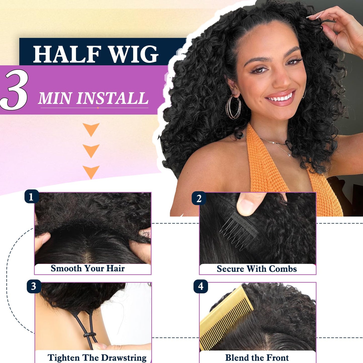 DEYNGS Synthetic Half Wig, Long Water Wave 3 In 1 Black Half Wigs For Black Women, Seamless Flip Over Glueless Beginner Friendly Deep Wavy Curly Wigs Drawstring Headband Wig for Daily Use