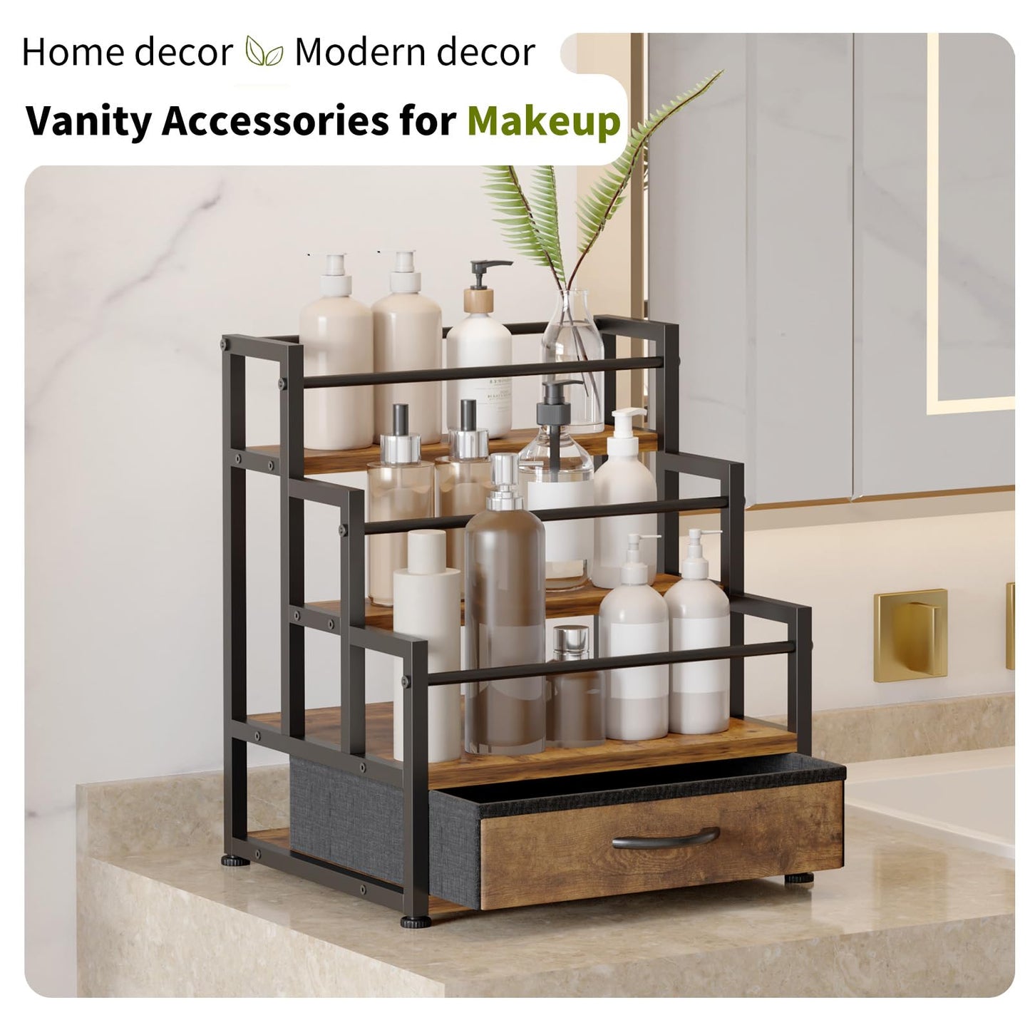 VonDream 3-Tier Cologne Stand with Fabric Drawer, Cologne Organizer for Men, Spacious Wine Rack,Coffee Syrup Stand for Kitchen, Bathroom & Bar Counter Décor