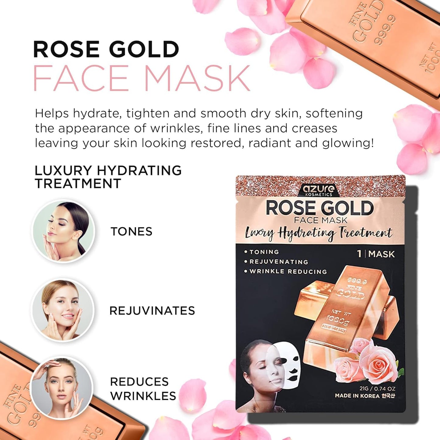 Azure Cosmetics 24K Gold, Caviar, Vitamin C, Hyaluronic Acid, Retinol & Collagen Anti-Aging Face Mask - Ultimate Variety Pack of 20 - Dermatologist Tested - Hydrating & Firming - Korean Skin Care
