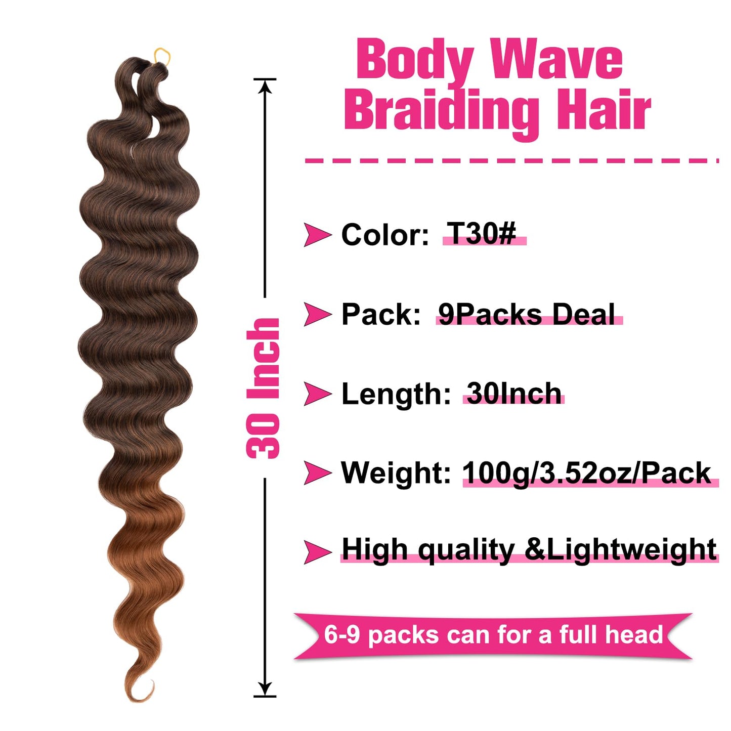 Unionbeauty 30 Inch 9 Packs Body Wave Braiding Hair Pre-Feathered Braiding Hair Ombre Ocean Deap Twist Synthetic Crochet Hair for French Curl Crochet Braids Easy Braids Hair Extension for Women (T30#)