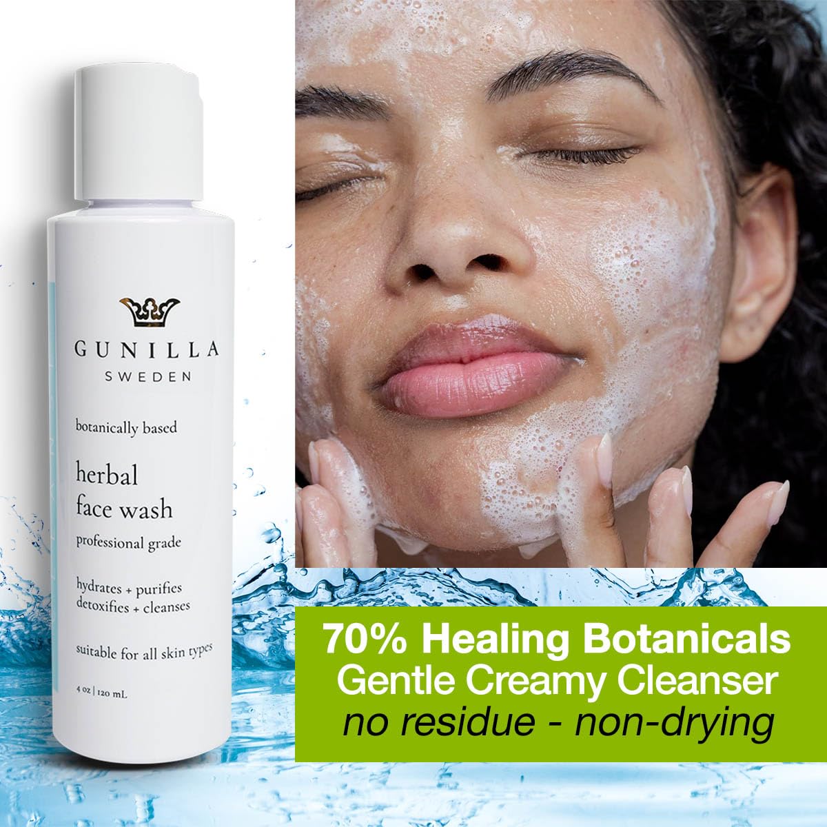 GUNILLA Herbal Face Wash - Very Gentle Daily Cream Cleanser for Dry, Normal, Sensitive Skin. Removes Dirt, Oil & Impurities. Plant-Based. Vegan. Natural. Concentrated 4.0 oz