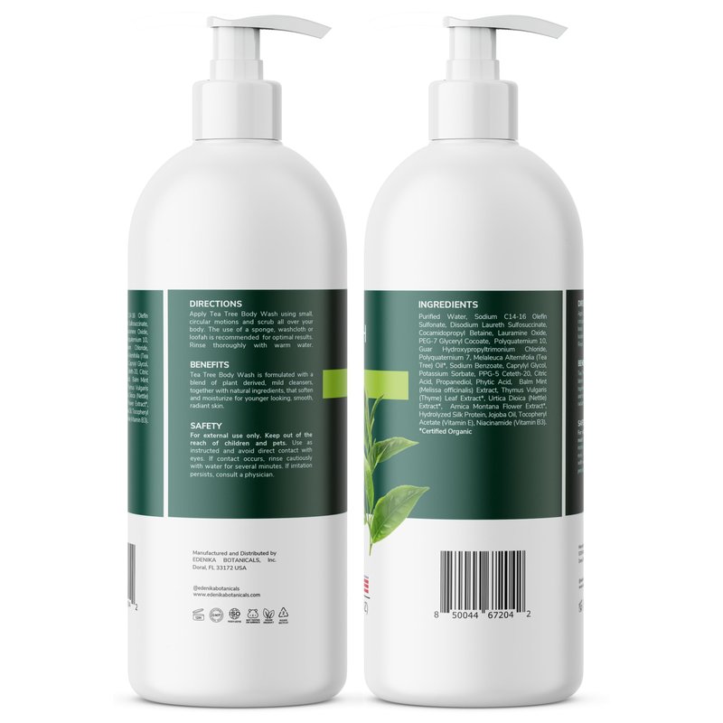 EDENIKA BOTANICALS Tea Tree Body Wash 16 fl oz (2 Pack) Natural Antifungal Support Wash for Athlete’s Foot, Ringworm & Jock Itch, Refreshes & Soothes, Organic Tea Tree Oil, Men & Women